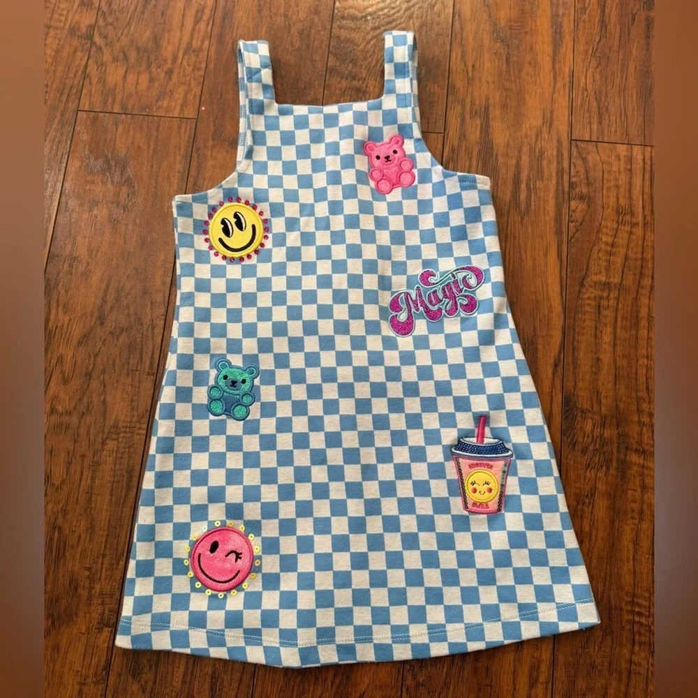 Rare Editions Girls Blue & White Checkered Romper Dress with Patches | Size 5
